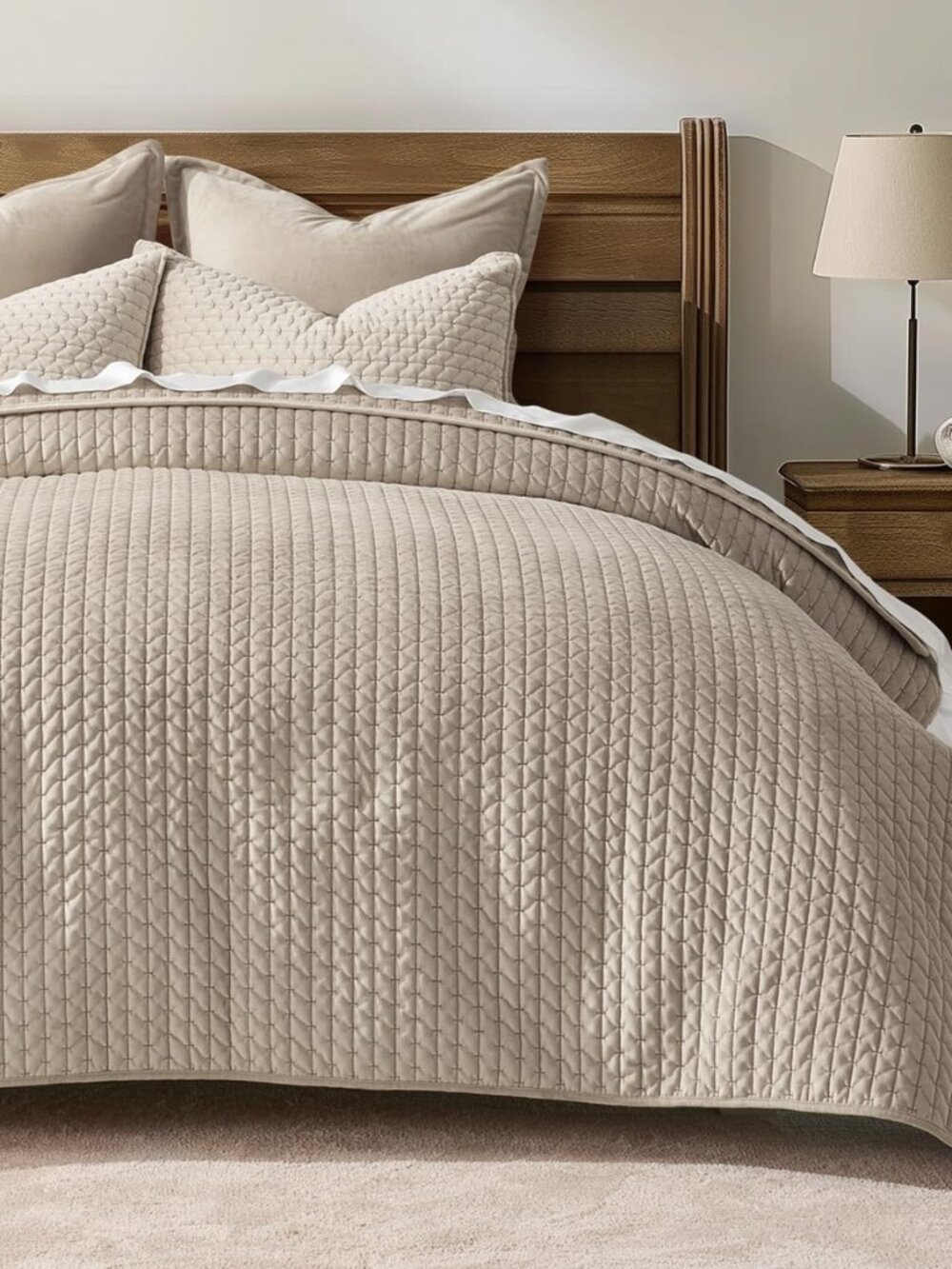 Cross-Stitch Velvet Quilt Set, King Size, Light Taupe